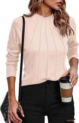 Zeagoo Womens Long Sleeve T Shirts Casual Mock Neck Tops Fall Pleated Blouses Basic Trendy Clothes 2024