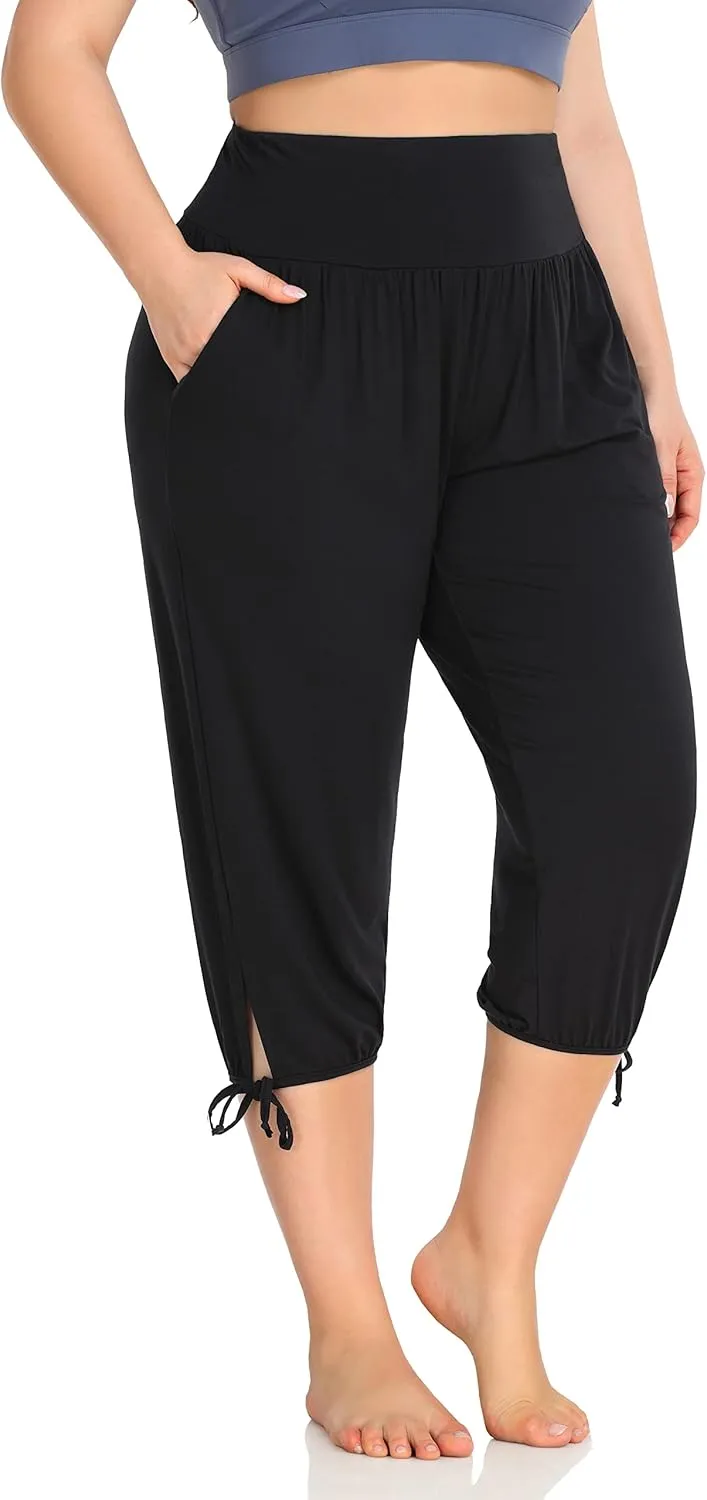 ZERDOCEAN Women's Plus Size Yoga Capri Pants Lounge Indoor Casual Comfy Relaxed Joggers with Pockets